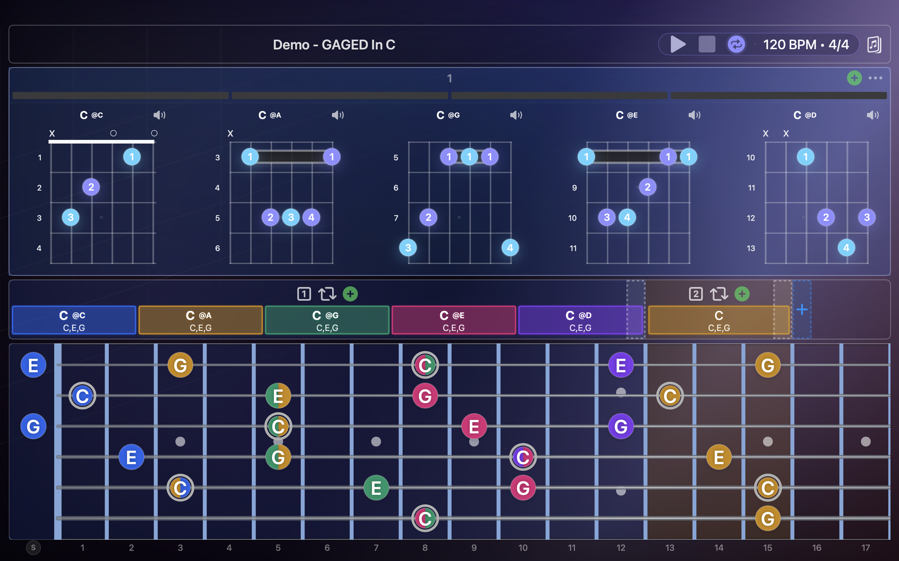 Guitar Vista workspace view with sheet and fretboard layers